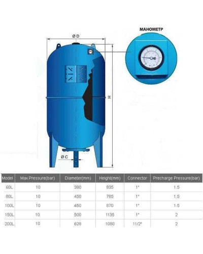 Гідроакумулятор 200л VOLKS pumpe10bar вертик.(з манометром)