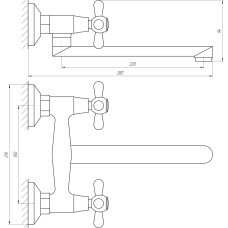 Змішувач для кухні Globus Lux GB-SHARM-361-BR зі стіни плоский вилив 250мм, латунь