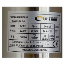 Насос свердловинний з підв, стійк, до піску OPTIMA 4SD10/36 7,5 кВт 218м 3-фазний