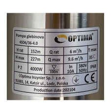 Насос свердловинний з підв, стійк, до піску OPTIMA 4SD6/36 4,0 кВт 227м 3-фазний