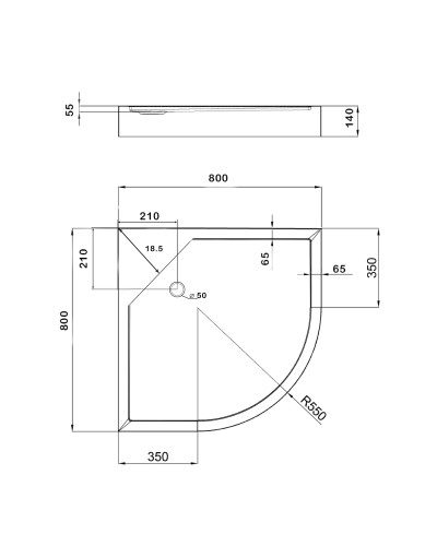 Lidz Душовий піддон KAPIELKA ST80x80x14 низький, напівкруглий, діаметр зливу 52 мм