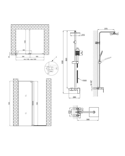 Готове рішення Qtap 13: Стіна Walk-In GLIDE, 120x190 + Душ. система