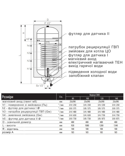 Водонагрівач електричний комбінований Thermo Alliance Neptun вертикальний 140 л. т.о. 0,95 кв.м правий, мокрий ТЕН 2,0 кВт (CWH 14048 11S R)