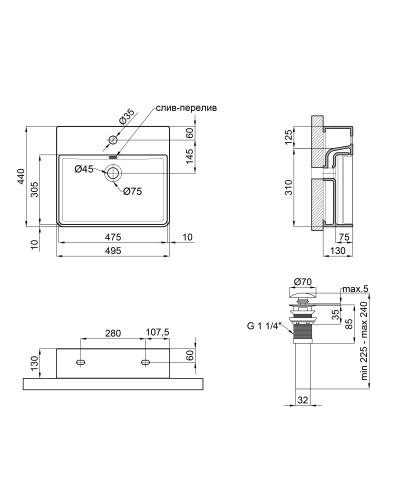 Раковина Qtap Nando LT 500х420х120 White з донним клапаном QT12112173SW