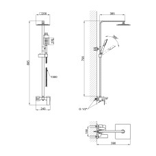 Душова система з верхнім тропічним душем для кабіни Lidz Kubis 1031 на три споживача (з виливом) (k35) LDKUB1031NKS43380 Nickel
