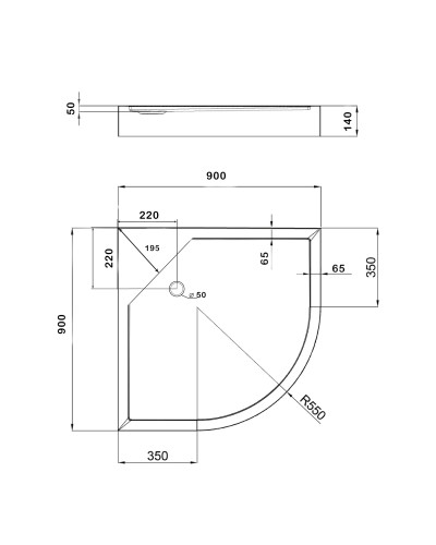 Душовий піддон Kapielka ST90x90x14 низький, напівкруглий, діаметр зливу 52 мм Lidz