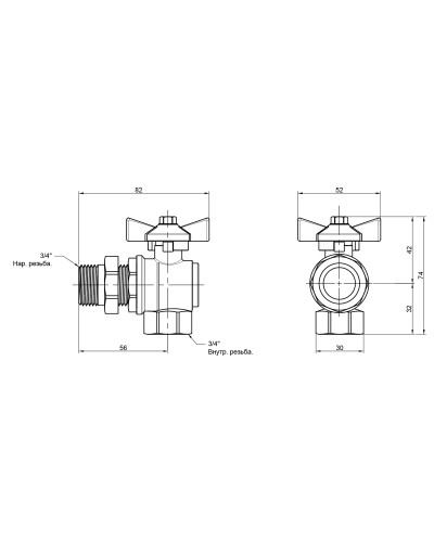 Кран кутовий з американкою Thermo Alliance Standart 3/4"ВЗ "метелик" SD222W20