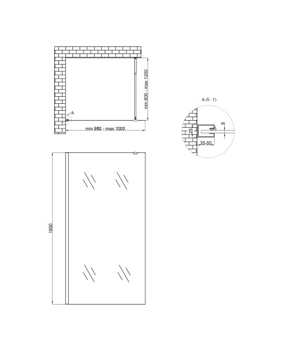 Душова перегородка Qtap Walk-In Standard CRM201.C8 100х200 см, скло Clear 8 мм, покриття CalcLess