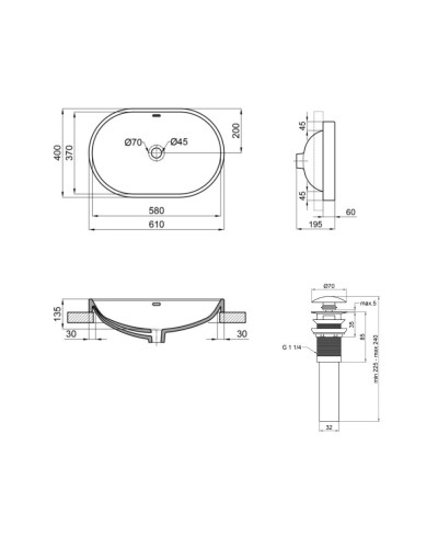 Комплект Qtap Leo: Раковина врізна овальна 590x400x170 мм White + Донний клапан PU02O