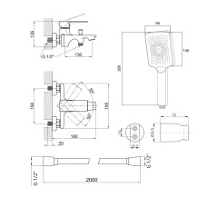 Комплект для ванни Matice Chrome: Змішувач 3063103C + Лійка QTRUC125CRM45777 + Шланг + QTHADPVC200C Тримач QTCRMA030