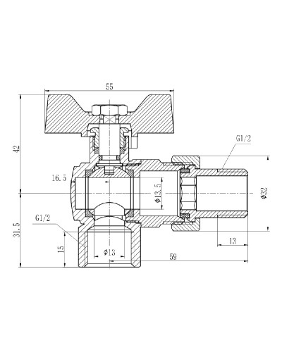 Кран кульовий "Американка" SD Forte 1/2" кутовий SF221W15