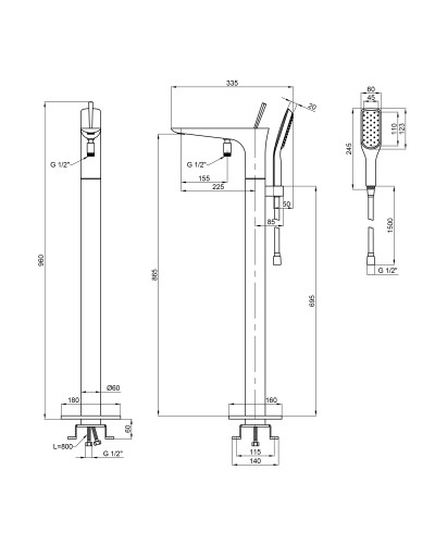 Змішувач для ванни Qtap Podlaha підлоговий (з душовим гарнітуром) QT19103VDC Chrome