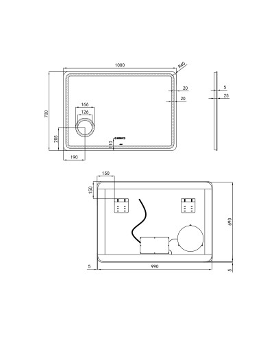 Дзеркало Qtap Crow 1000х700 з LED-підсвічуванням Touch, лінза, цифровий годинник, димер, рег. яскравості QT0578141670100W