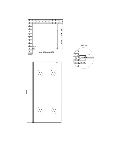 Душова перегородка Qtap Walk-In Standard BLM209.C8 90х190 см, скло Clear 8 мм, покриття CalcLess