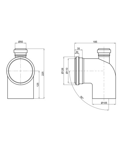 Коліно каналізаційне з відводом TA Sewage 50х110х110, 90° (вгору)