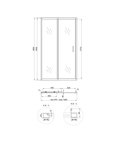 Душові двері в нішу Qtap Taurus CRM201-11.C6 97-108x185 см, скло Clear 6 мм, покриття CalcLess