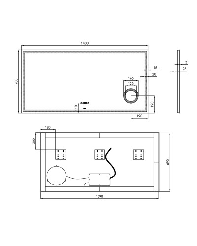 Дзеркало Qtap Stork 1400х700 з LED-підсвічуванням Touch, лінза, цифровий годинник, димер, рег. яскравості QT1578142270140W