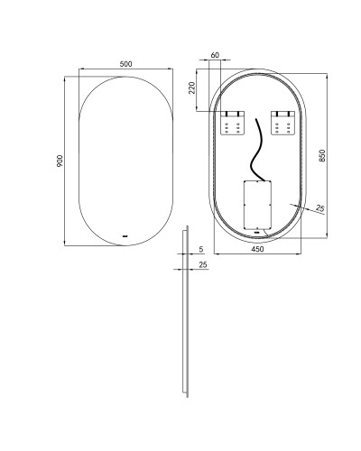 Дзеркало Qtap Scorpio 500х900 з LED-підсвічуванням кнопковий перемикач, QT14783001W