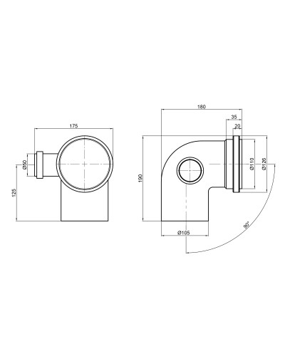 Коліно каналізаційне з відводом TA Sewage 50х110х110, 90° (в ліво)