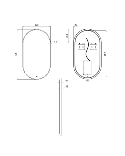 Дзеркало Qtap Scorpio 500х900 з LED-підсвічуванням кнопковий перемикач, QT14787001B