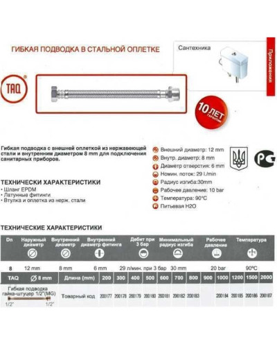 Шланг водяний TUCAI 1/2″x1/2″ ЗВ 0,4м TAQ MG-1212-400 200179