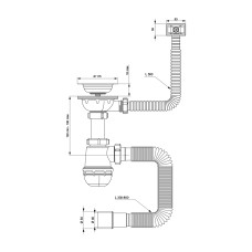 Сифон для кухонної мийки з нержавіючим випуском 3½" квадратним переливом і гнучким відведенням Ø40/50мм TAU (9842531)