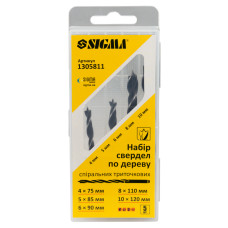 Набір свердел по дереву спіральних триточкових 5шт (4×75, 5×85, 6×90, 8×110, 10×120 мм) SIGMA (1305811)