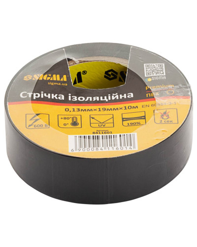 Ізолента ПВХ (чорна) 0.13мм×19мм×10м Premium SIGMA (8411601)