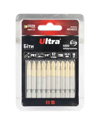 Біти PH2×50мм ¼" 10шт S2 TIN (блістер) ULTRA (4014212)